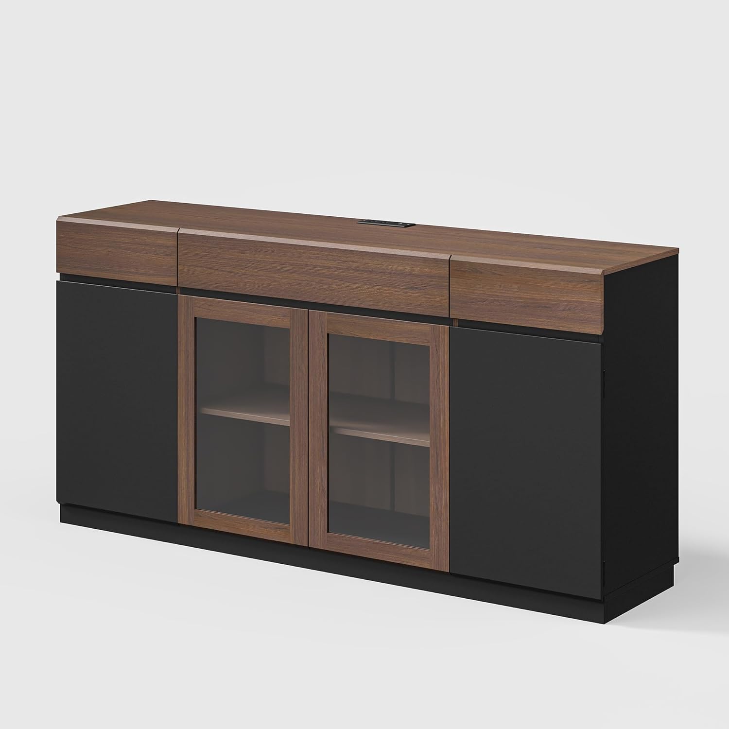 ModernMate 63" Sideboard Buffet Cabinet with Drawers, Large Credenza Storage Cabinet with Adjustable Shelves, Glass Doors & LED Lights, Black & Dark Walnut