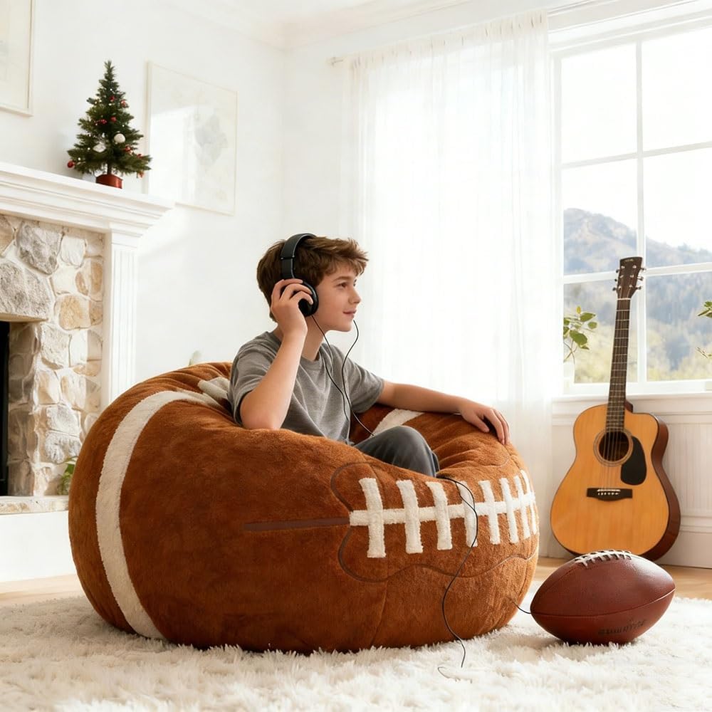 Sports Basketball Football Bean Bag Chair No Filler - Giant Bean Bag Chairs for Adults - Rugby Basebal Bean Bag Cover Sofa Couch(Rugby,D80cm-empty Cover)