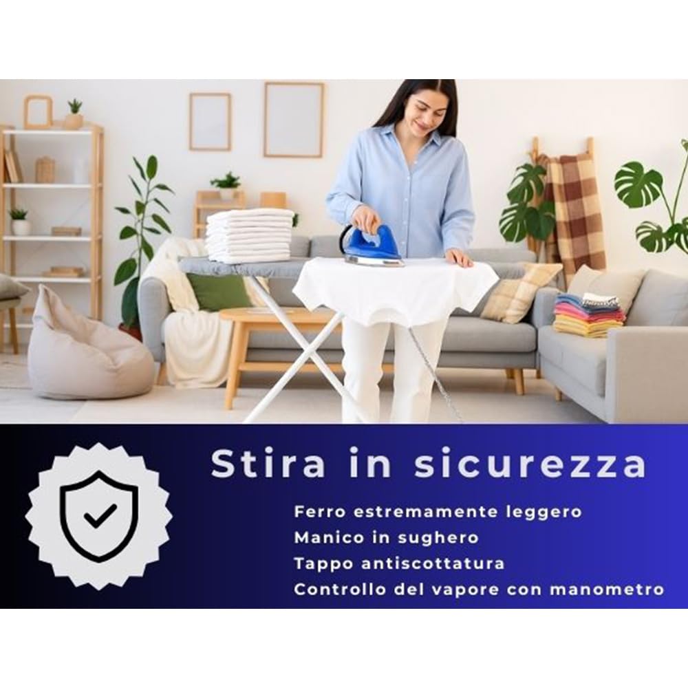 BEHOME Plancha de Vapor Continuo con Caldera de 2200 W, depósito de 1 l, Manómetro para controlar el vapor, 3 bar, silenciosa, apta para tejidos delicados, Jarra integrada y Mango Antiquemaduras