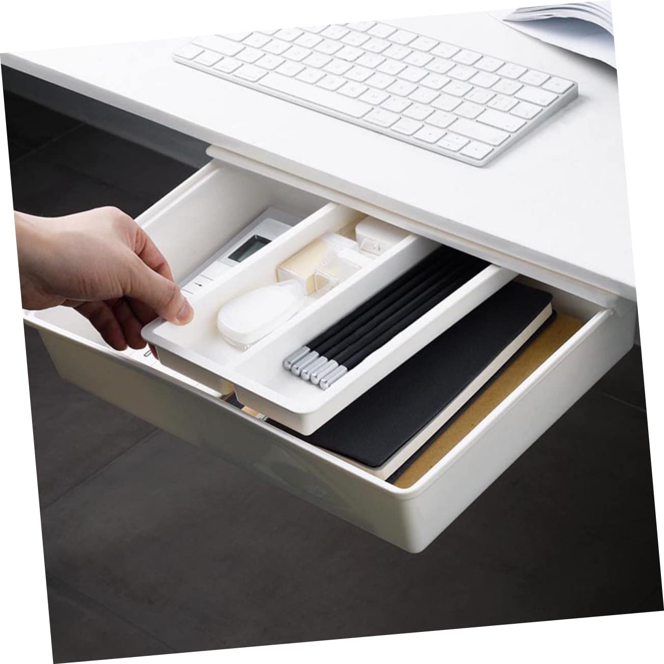 Uonlytech 2pezzi Sottotavolo Estraibile Organizer per Cancelleria Articoli per Ufficio Cassetto Invisibile Resistente Contenitore Portaoggetti Nascosto