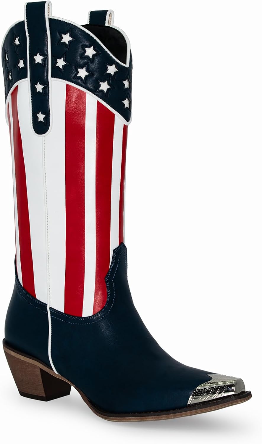 RKQ Women's Flag Mid Calf Cowboy Boots Chunky Block Heel Pull On Wide calf Metal Pointed Toe Western Cowgirl Booties classic sexy party Boots