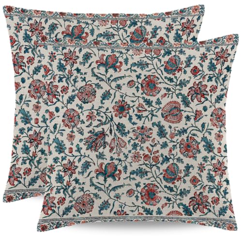 Wsunsal Vintage Floral Pillow Covers 18x18 Inch Set of 2 Boho Red Navy Blue Throw Pillows Farmhouse Block Print Accent Decorative Pillowcase Cushion Cover for Home Sofa Bedroom Outdoor