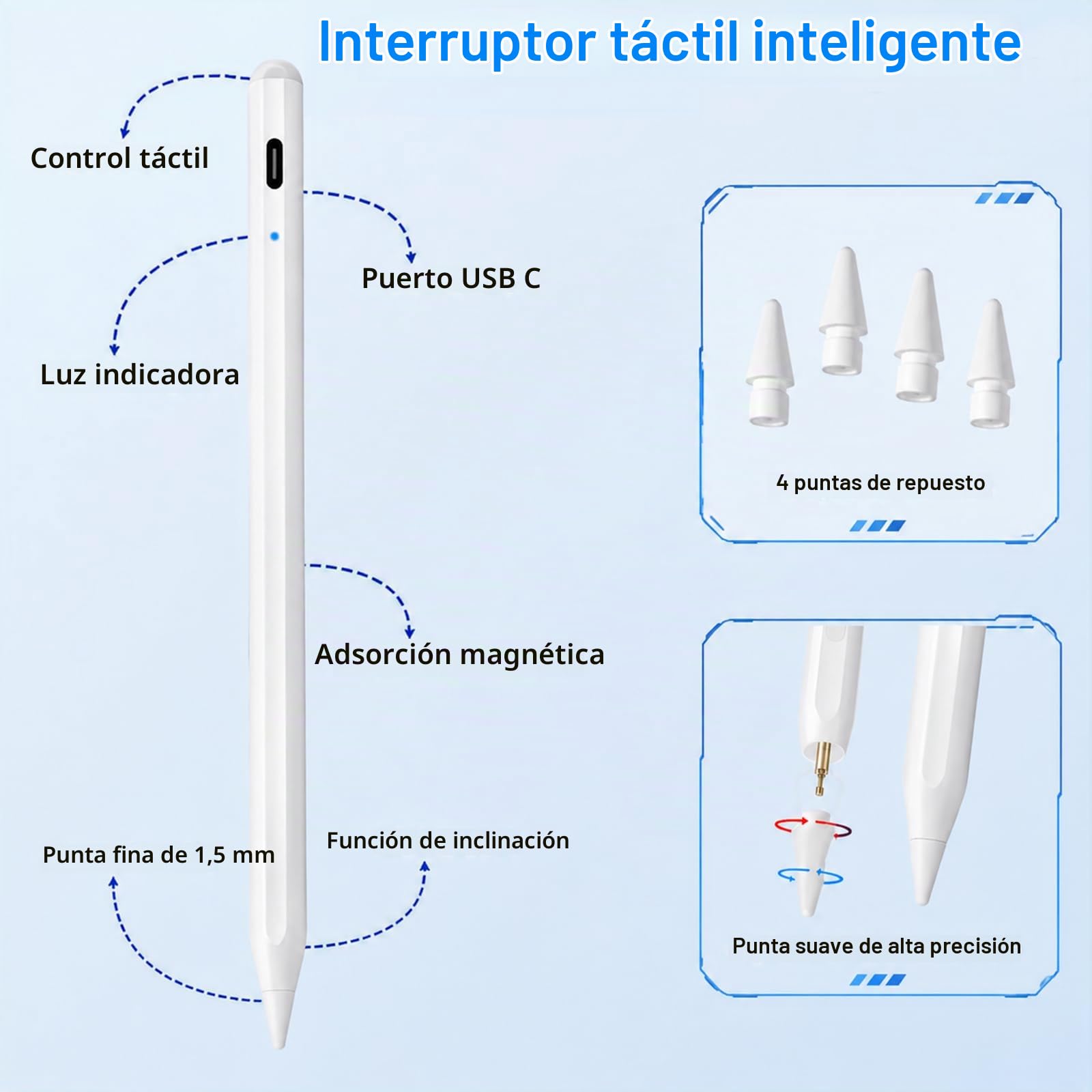 Lápiz capacitivo para iPad Apple: carga rápida para iPad Pencil Apple Pen con sensibilidad de inclinación de rechazo de palma - Bolígrafo para iPad 10/9/8/7/6, iPad Pro de 12.9 pulgadas/11 pulgadas/13