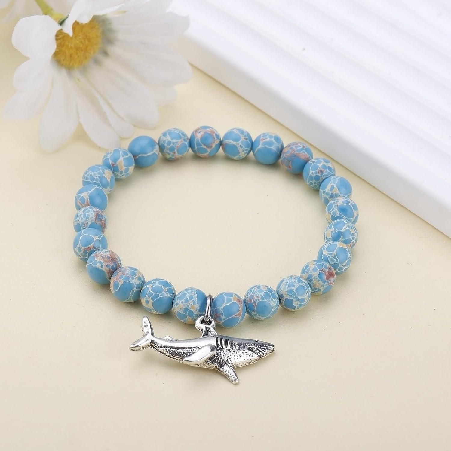 PARTNER Cute Shark Inspirational Birthday Gifts for Women Best Friends Unique Gifts Natural Stone Beaded Bracelets for Women Agate Beaded Jewelry with Meaningful Message Card For Shark Lover - Image 3