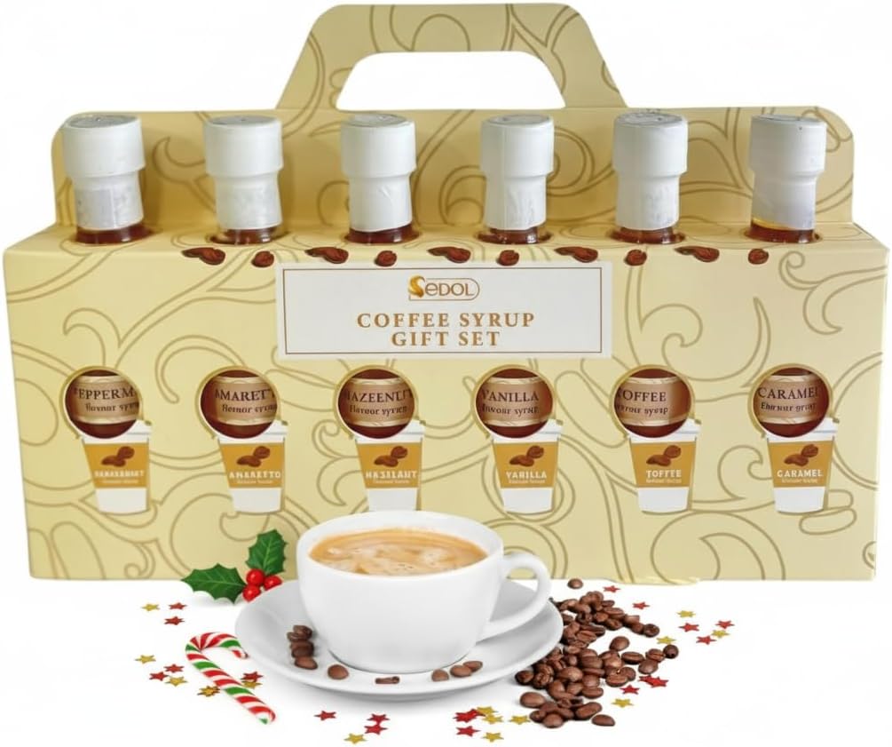 Luxury Coffee Syrup Gift Set – 6 Flavoured Coffee Syrups in Festive Gift Box – Christmas Hamper for Women & Men – Coffee Gift Set with Caramel, Vanilla, Hazelnut, Amaretto & Peppermint Syrups