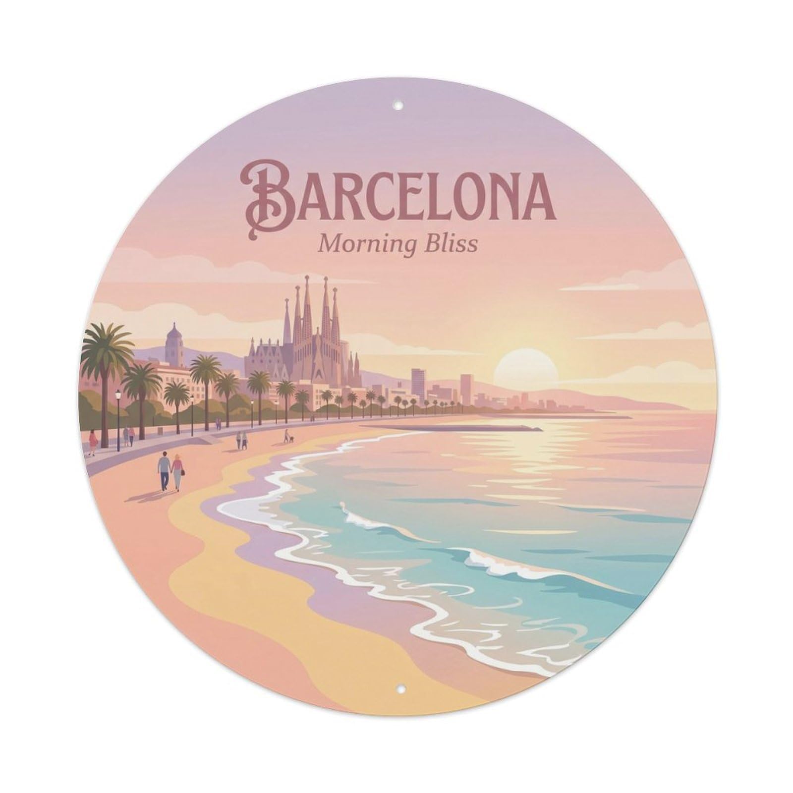 Vintage Travel Barcelona Sunrise Beach Morning Metal Tin Sign Plaque Wall Decor for Cafe, Club, Garden Round Metal Poster 8x8Inch