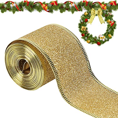 Lets Joy Geschenkband Weihnachten, 10M Weihnachtsbänder, Schleifenband Satinband, Weihnachten Band, Weihnachtsbaum Band für Weihnachten Dekoration Hochzeit Party Geschenk Verpackung (Gold) Cover