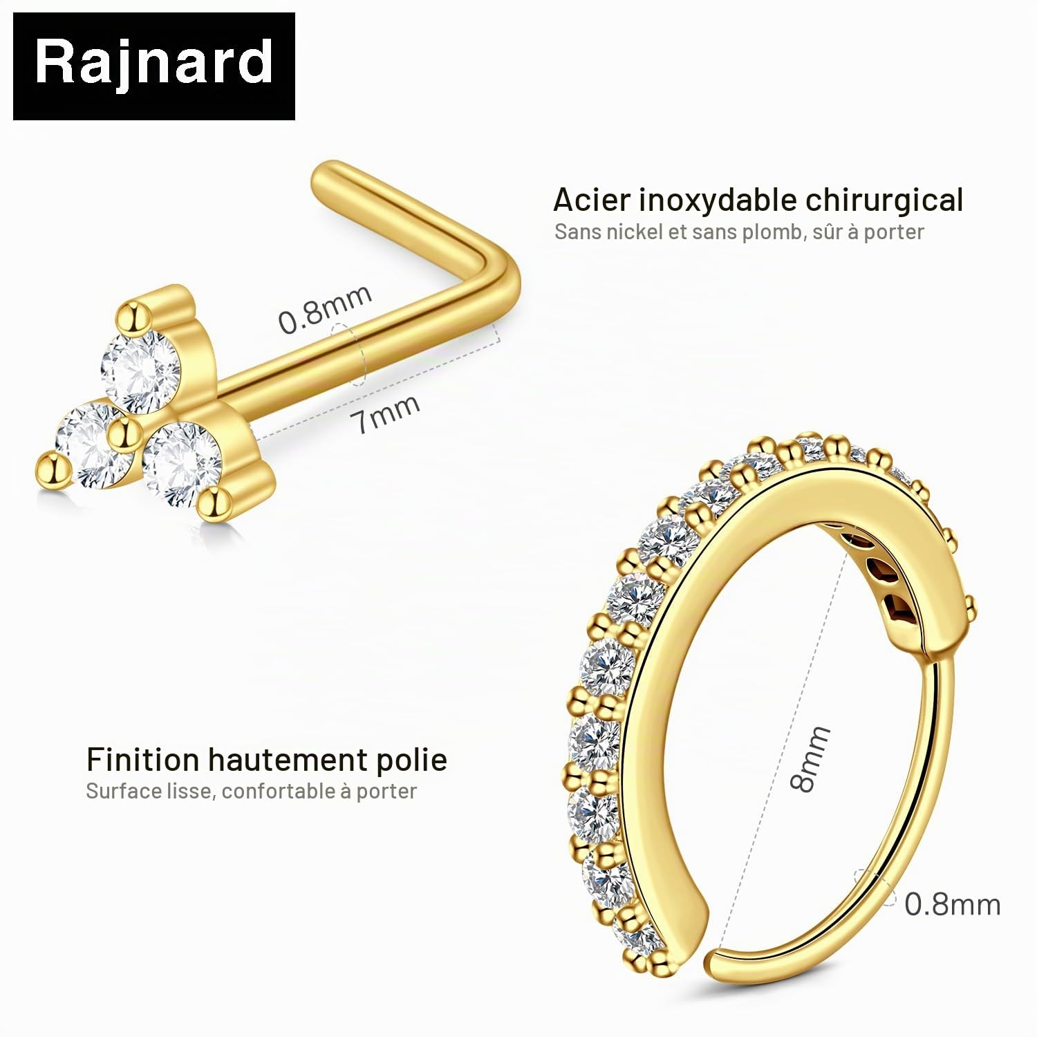 Acier Chirurgical 316L Anneau de Nez 20G Forme en L en Or Vis de Nez Anneaux de Nez pour Femmes et Filles Piercing Narine en Acier Inoxydable