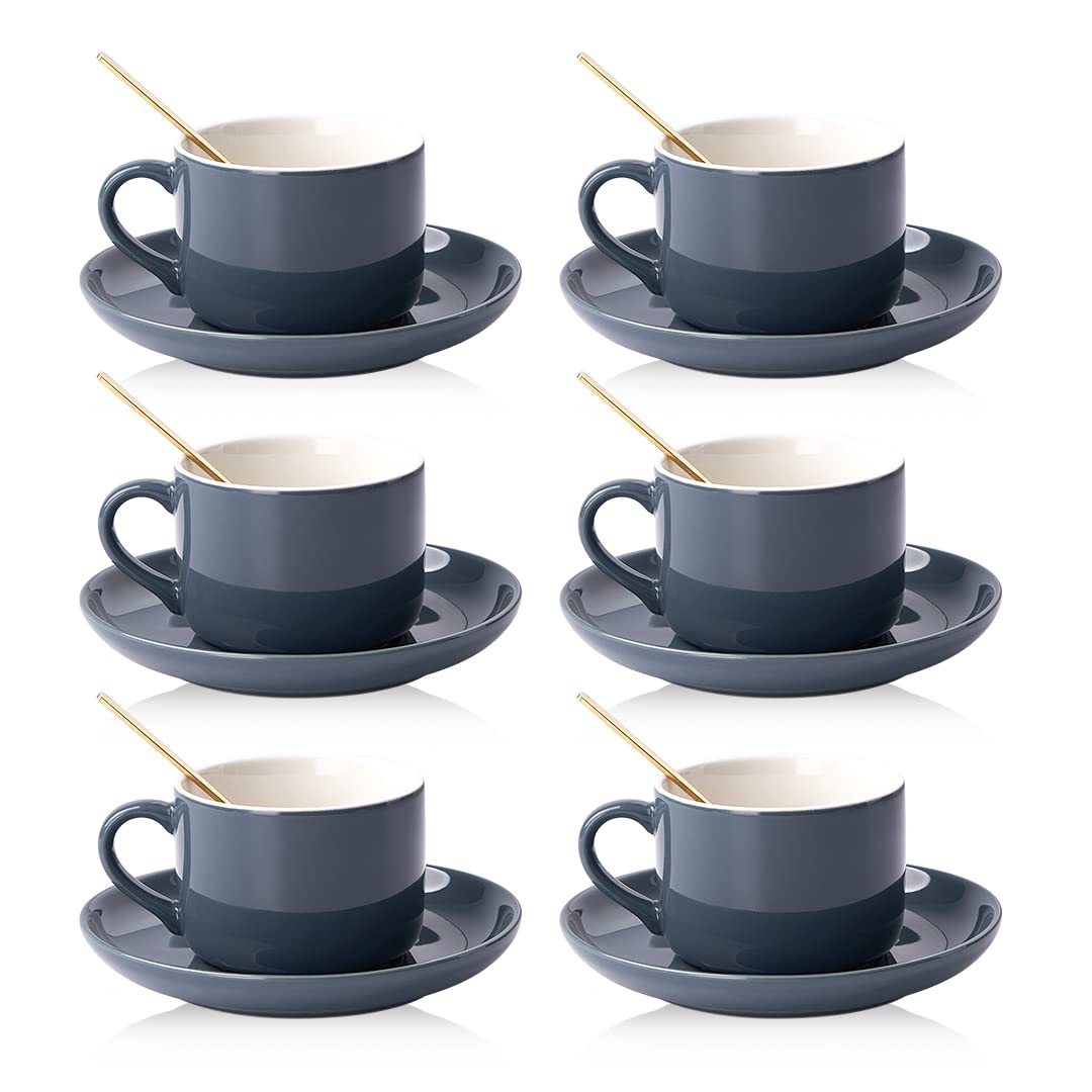 CHILDIKE Cappuccino Cups Set of 6, Porcelain Coffee Cups and Saucers with Gold Spoon, Grey, 8 Ounce,