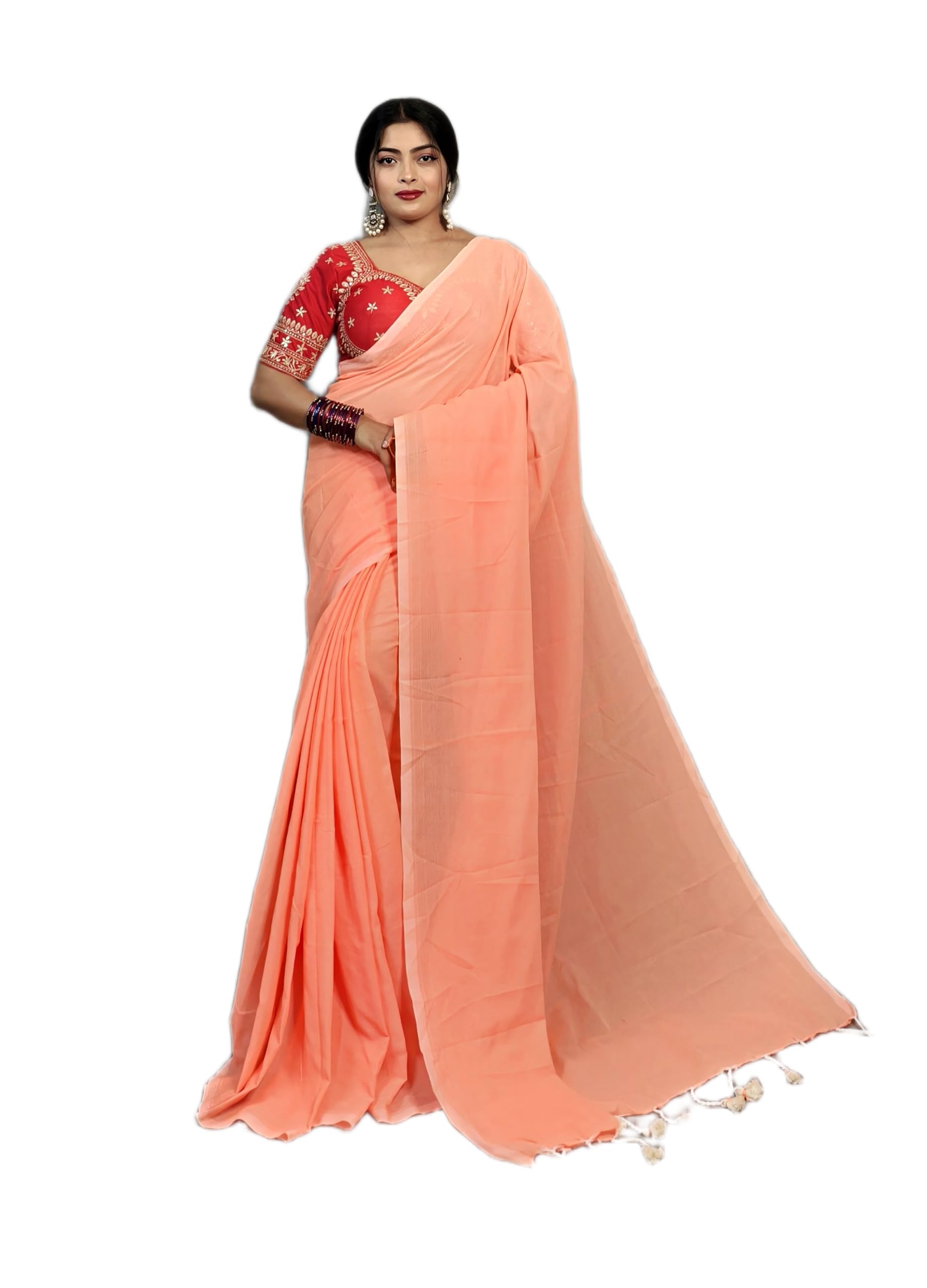 Orange Pure Cotton Saree - Plain Handloom Traditional Saree-image-33