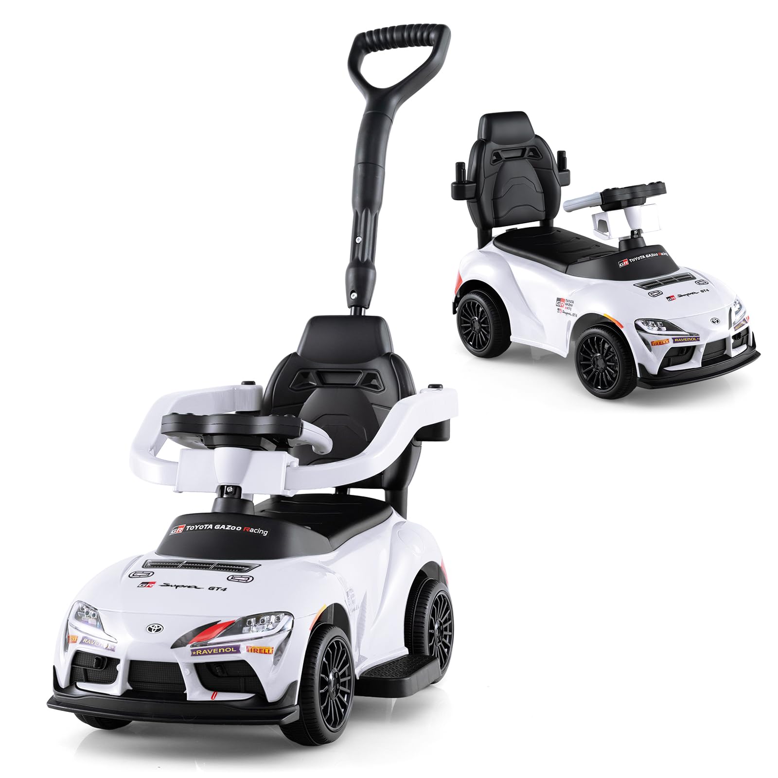 GYMAX 3 in 1 Ride on Push Car, Kids Push Along Car with Handle, Music, Guardrails and Storage Compartment, Toddler Sliding Toy for 1.5-5 Years Old (White)
