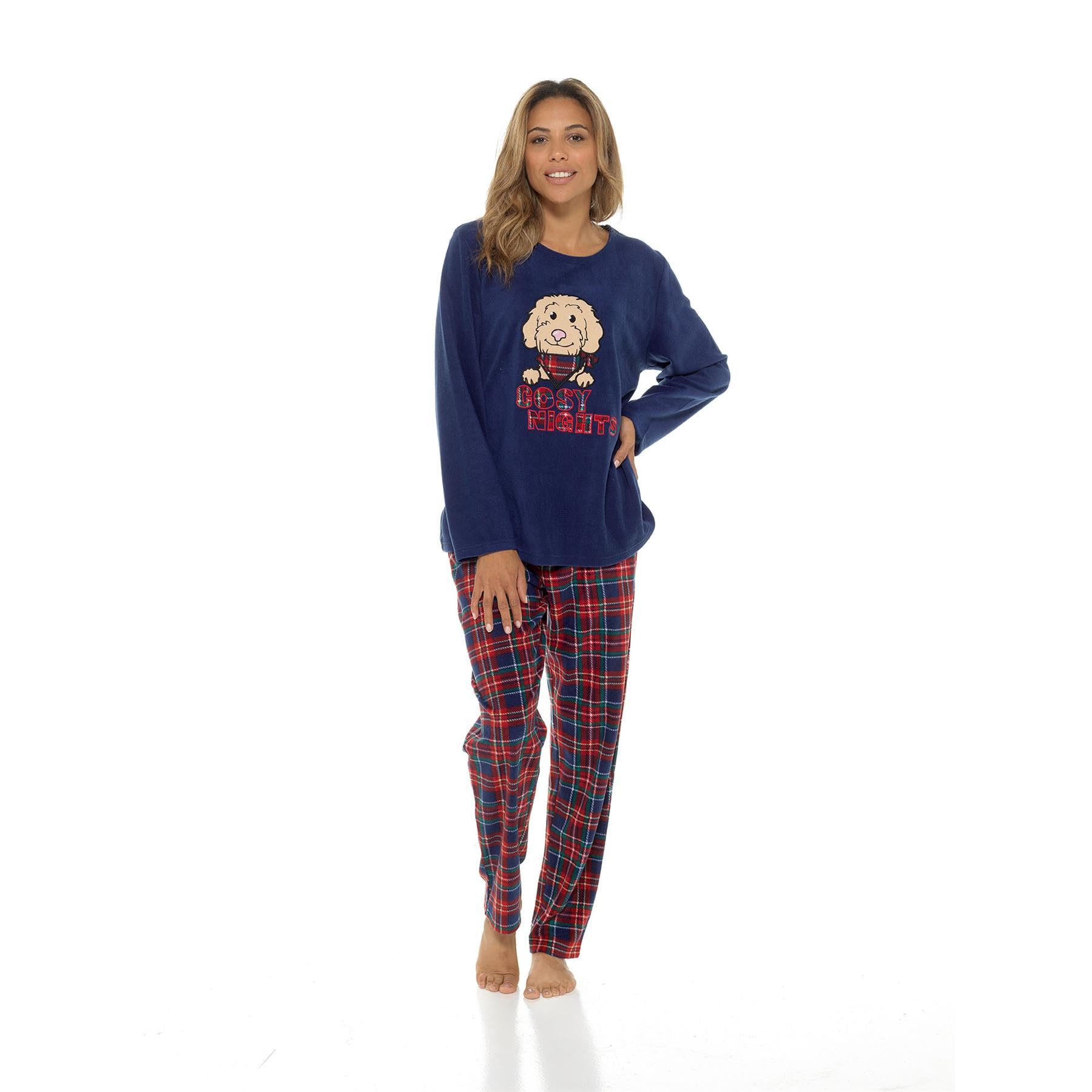 A2Z Ladies Micro Fleece Pyjama Set Cosy Dog & Bear Applique Top with Tartan Printed - PJS LDS AZ1463 Navy 20-22