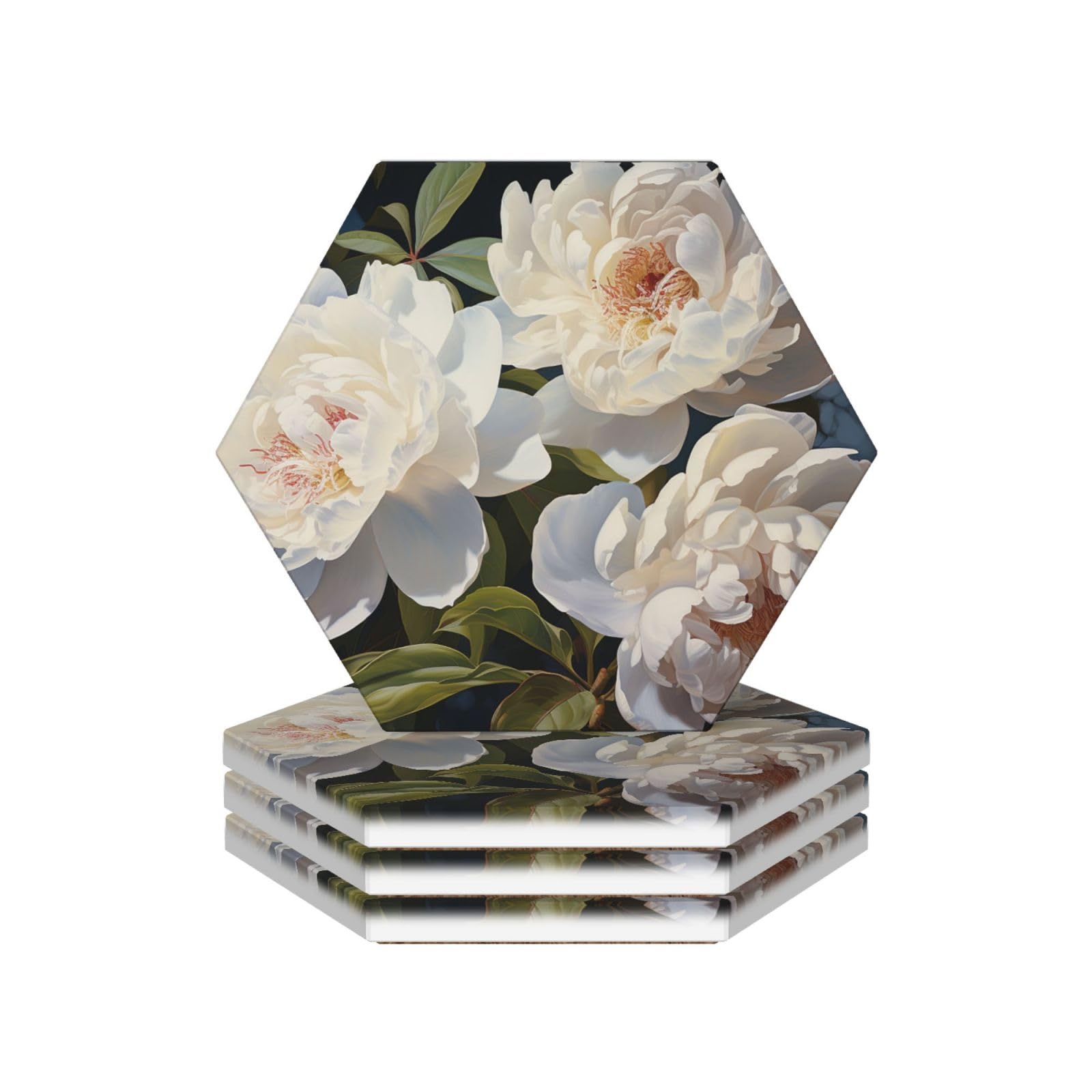 Dessous de verre absorbant en céramique pivoine blanche, accessoire de décoration raffiné