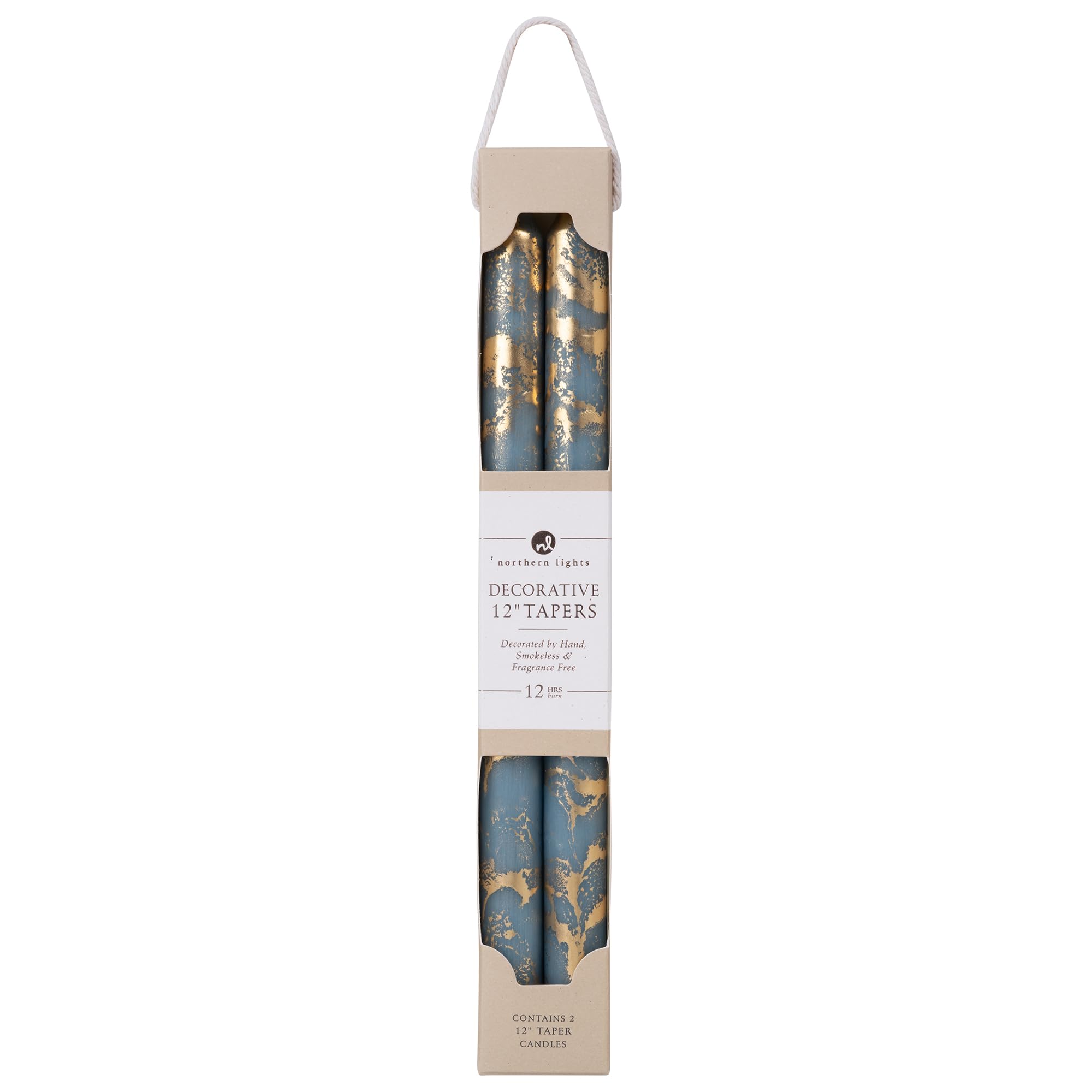 Northern Lights Candles - Premium Decorative Tapers - 12" 2PK - Prairie Blue w/Gold - 73310