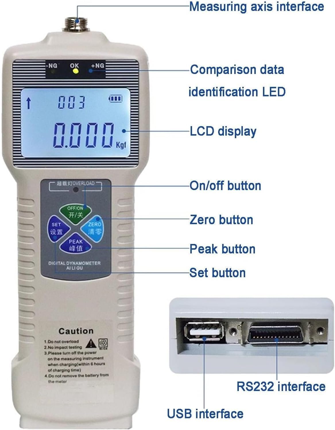 Dinamómetro digital de fuerza de empuje y tracción con sensor externo, dinamómetro digital de fuerza de empuje y tracción, aplicaciones de pruebas industriales (1000N)