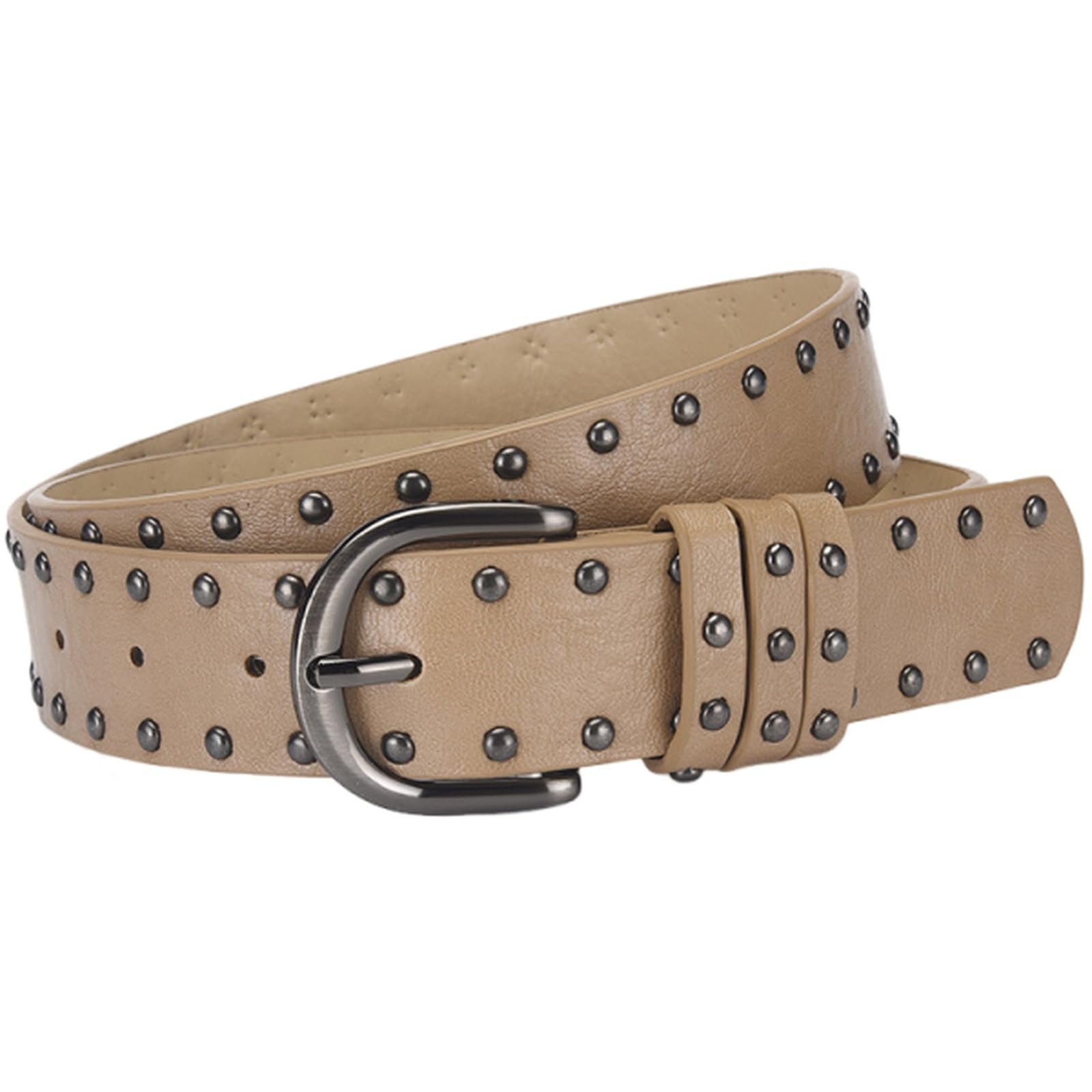 AGUTALITHIC Punk-Rock Studded Belt for Women,Western 2 Row Round Rivet Gothic PU-Leather Strap 33mm for Jeans & Pants Outfits(105cm/41, Khaki)