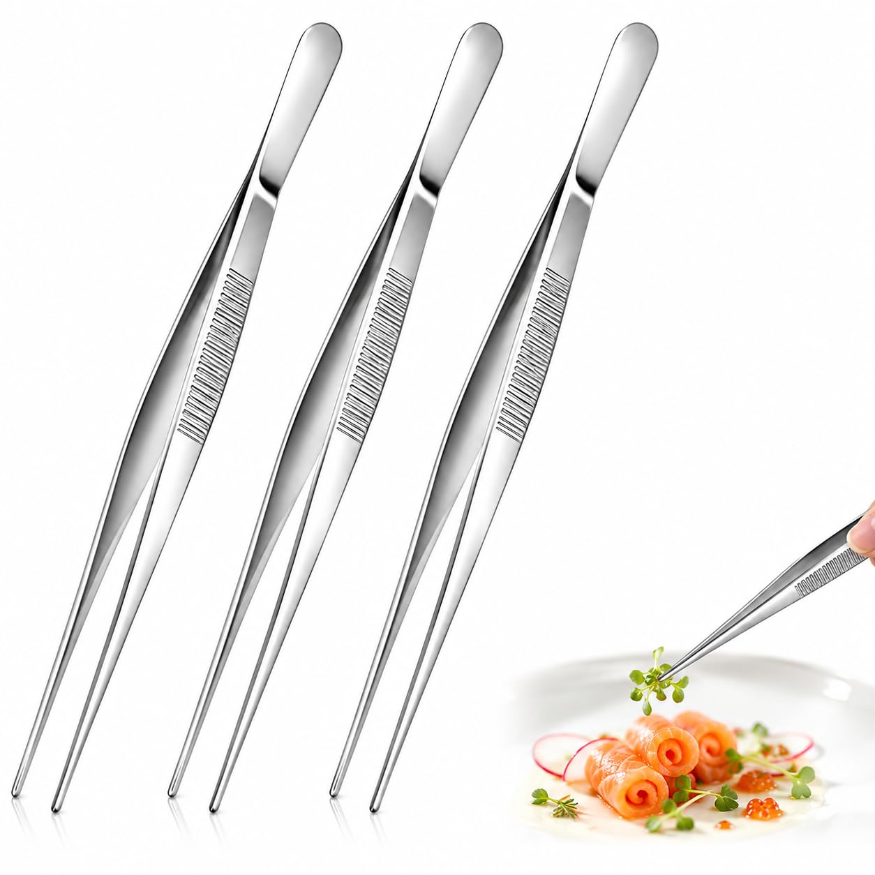 3PCS 12 Inch Kitchen Cooking Fine Tweezer Tongs, Cooking Extra Long Precision Stainless Steel Food-GradeTools Chef Tweezers and Cooking Tongs with Fine Tips for Frying, Cooking, Grill and Baking
