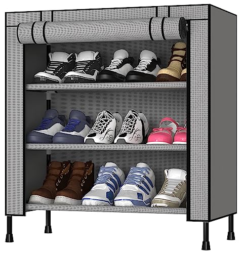 MY ARMOR Multipurpose Shoe Rack with 3 Tiers, Dustproof Zipper Cover, Non-Woven Fabric Storage Rack and Plastic Components for Shoes, Toys, Clothes, 3 Shelves, Grey