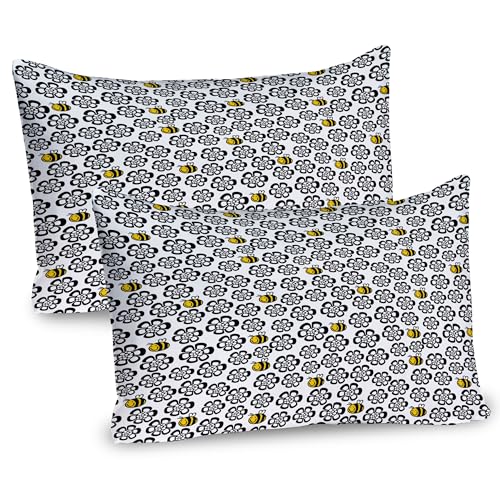 Ambesonne Bee Pillow Sham Set of 2, Silhouette Floral Pattern with Colored Cartoon Bees Flying in Botany Nature, Quality Microfiber Bedding Item for All Seasons, 36