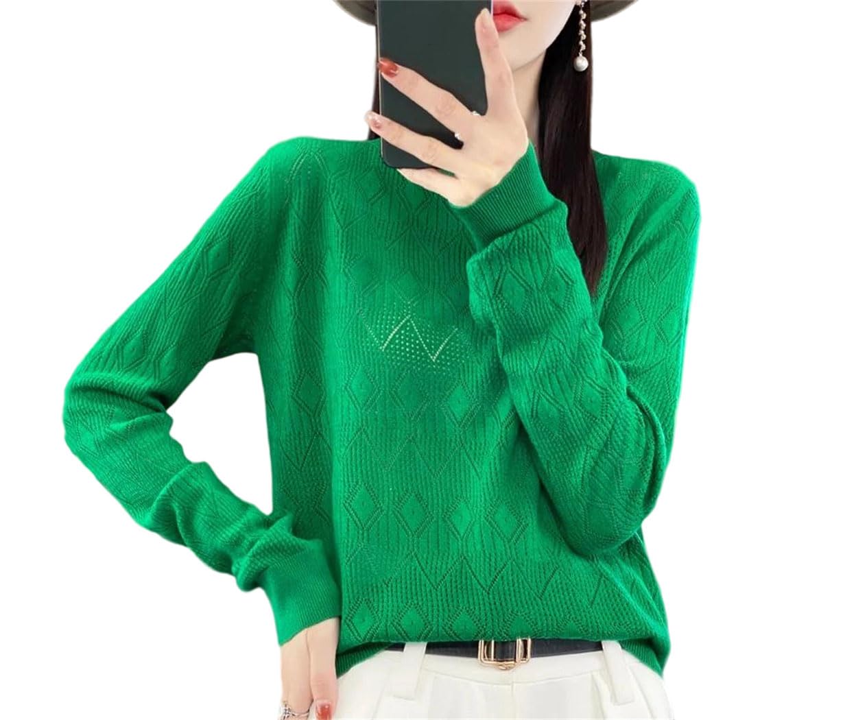 Sweter Damski Z Mieszanki Wełny, Z Okrągłym Dekoltem, Z Geometrycznym Wzorem, Miękki, Swobodny, Luźny, Z Długim Rękawem, Wiosenny-En8-Medium