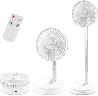 Foldable Pedestal Fan, Portable and Height-adjustable Desk Fan by KozyOne, with Remote Control, Timer and 7200mAh Rechargeable Battery, 4 Level Wind Speed, For Home, Office, Camping, Cafe and More