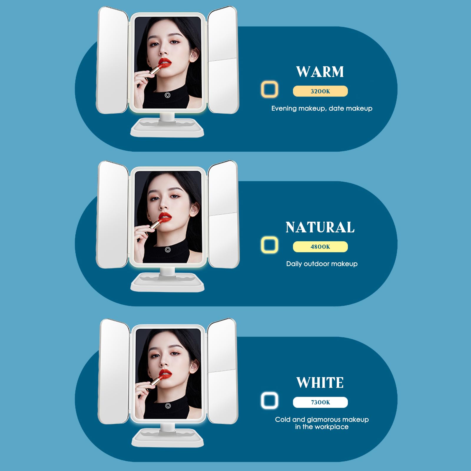 Miroir Maquillage Lumineux, Miroir de Maquillage LED à Trois Volets + Grossissement 2X + 3X, 3 Températures de Couleur Réglables, Base Amovible avec Batterie Rechargeable 1200mAh
