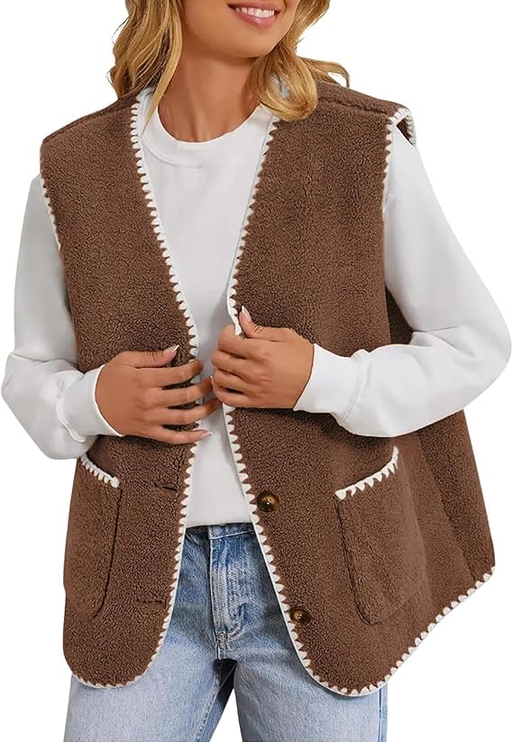 Women Fleece Lightweight Vest V Neck Open Front Button Down Sleeveless Casual Warm Sherpa Outwear with Pockets