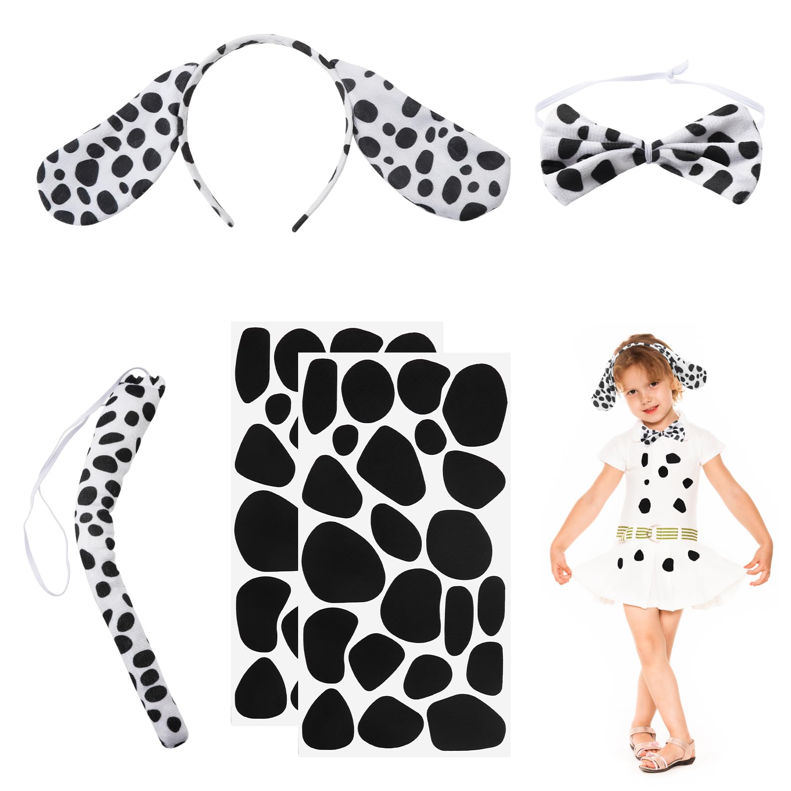 Disfraz De Dálmata Para Niños - Set De 5 Piezas (Diadema, Pajarita, Cola, Pegatinas)