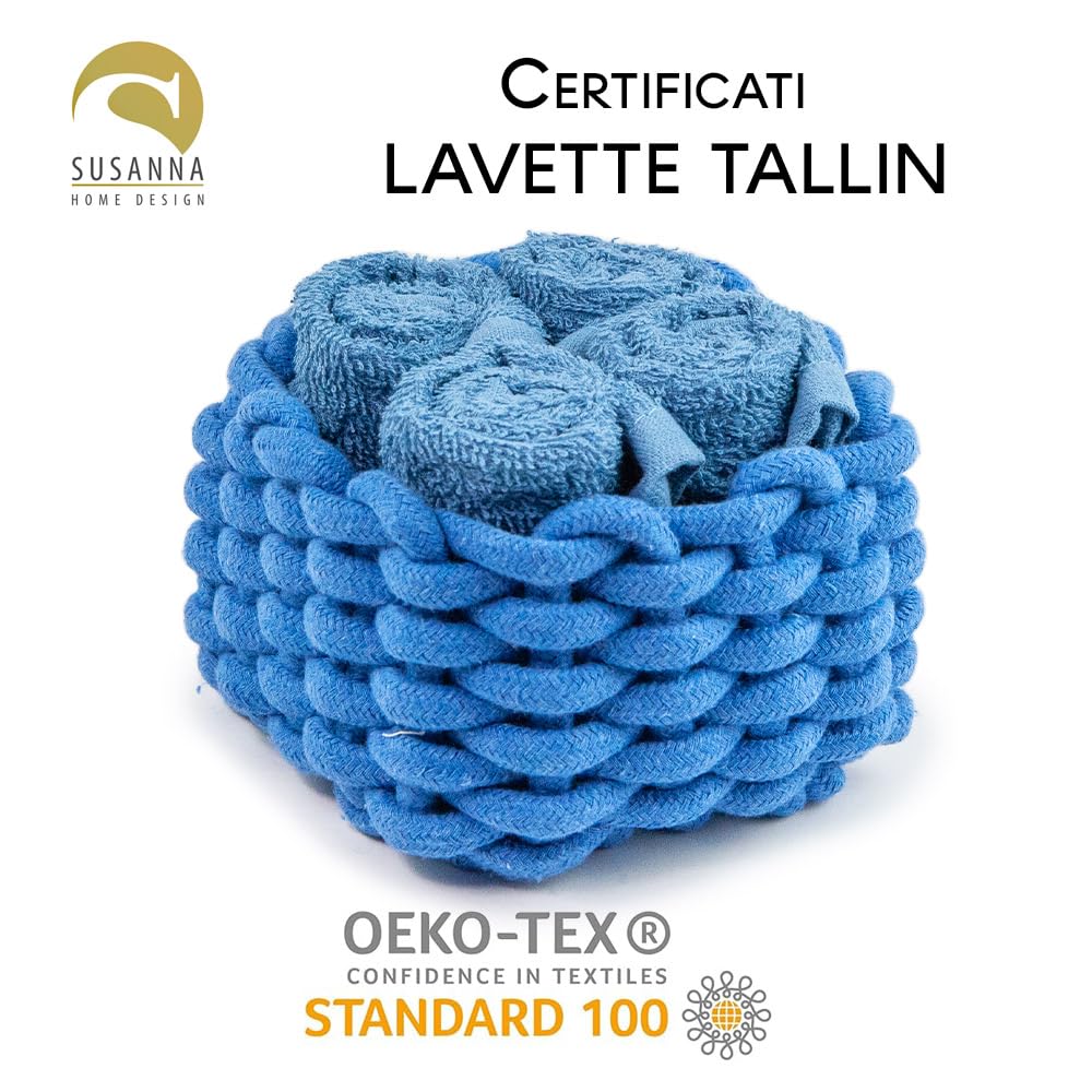 Generico Susanna Home Set 4 Lavette 30x30 in Spugna di Cotone – Asciugamani Ospiti per Bagno, Skincare, Neonato – Confezionate in Cestino in Corda Intrecciata – Blu