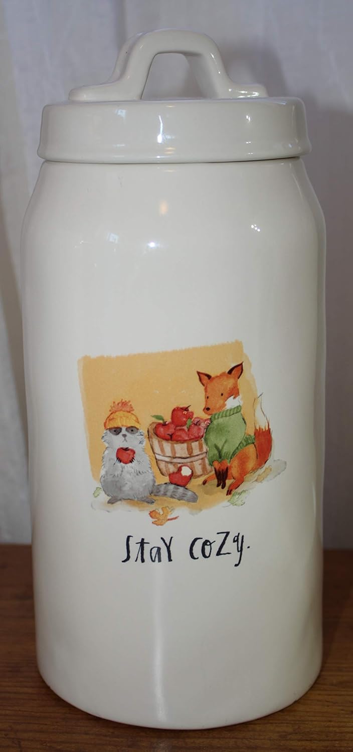 Rae Dunn Stay Cozy in Script Letters with Autumn Fox and Cat 10.5inch Food Storage Canister Cookie Jar with sealed lid and top handle. By Magenta.