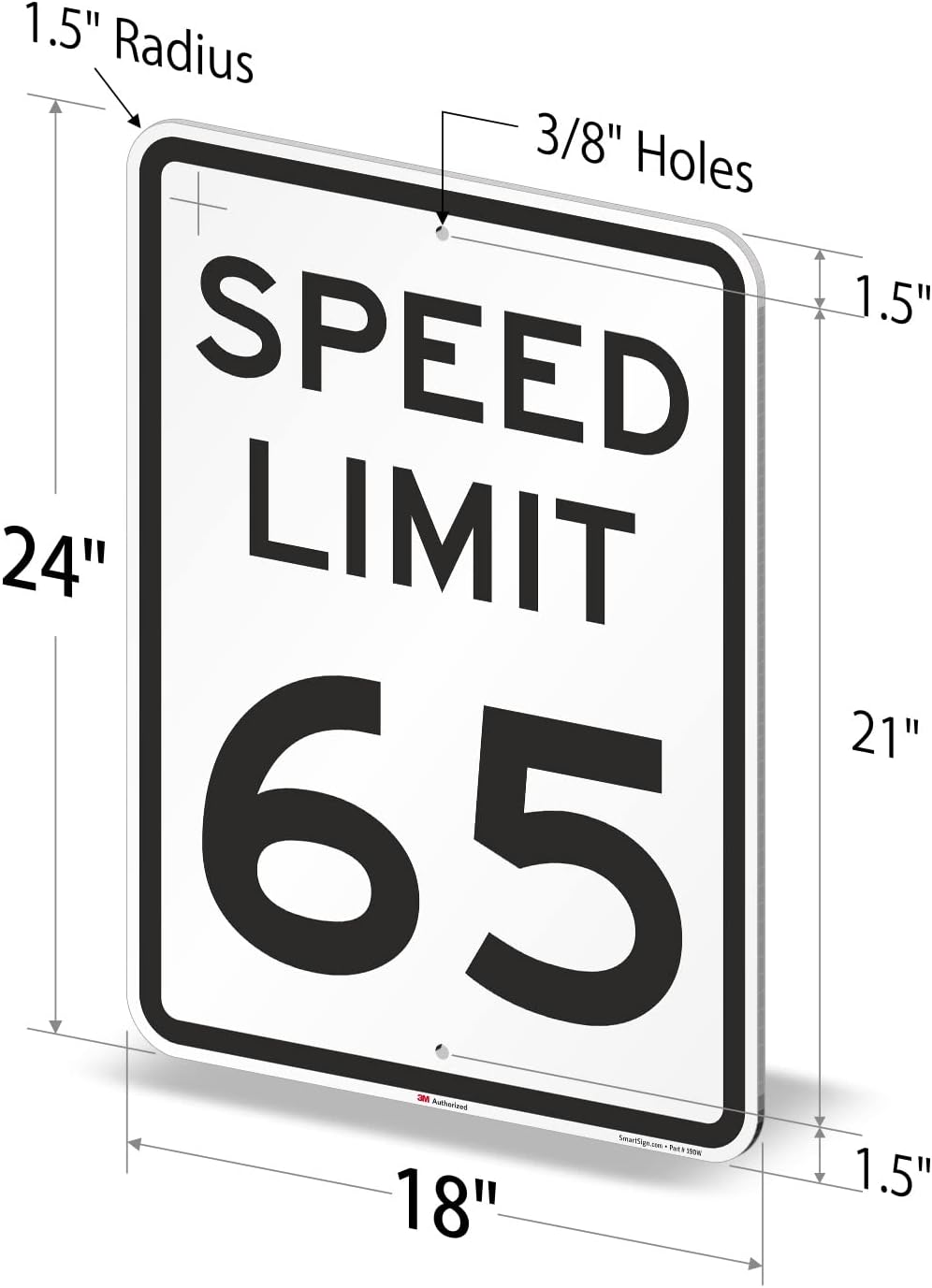 SmartSign 24 x 18 inch “Speed Limit 65” Metal Sign, 80 mil Aluminum, 3M Laminated Engineer Grade Reflective Material, Black and White, Made in USA