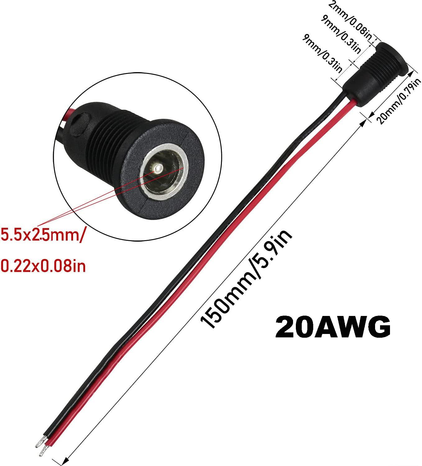 RUNCCI-YUN 5PCS 5.5x2.5mm Connettore di Alimentazione CC,12V Maschio Femmina Connettori+cappuccio di copertura impermeabile+5.5x2.5mm DC Pigtail Power Connector