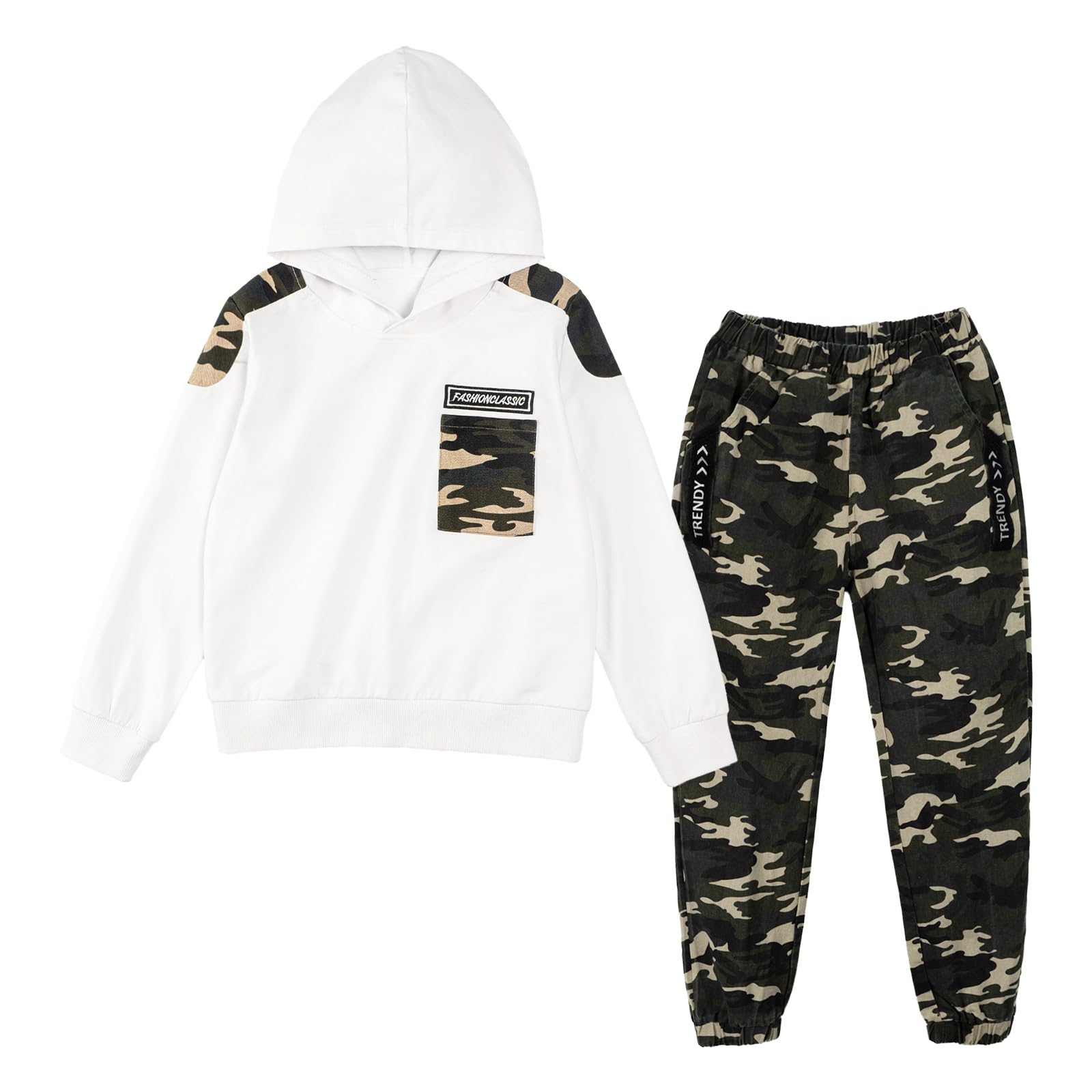 LOLANTA 2PCS Niños Chándal Conjunto Sudadera con Capucha y Camuflaje Cargo Pantalones Traje para 6-13 Años