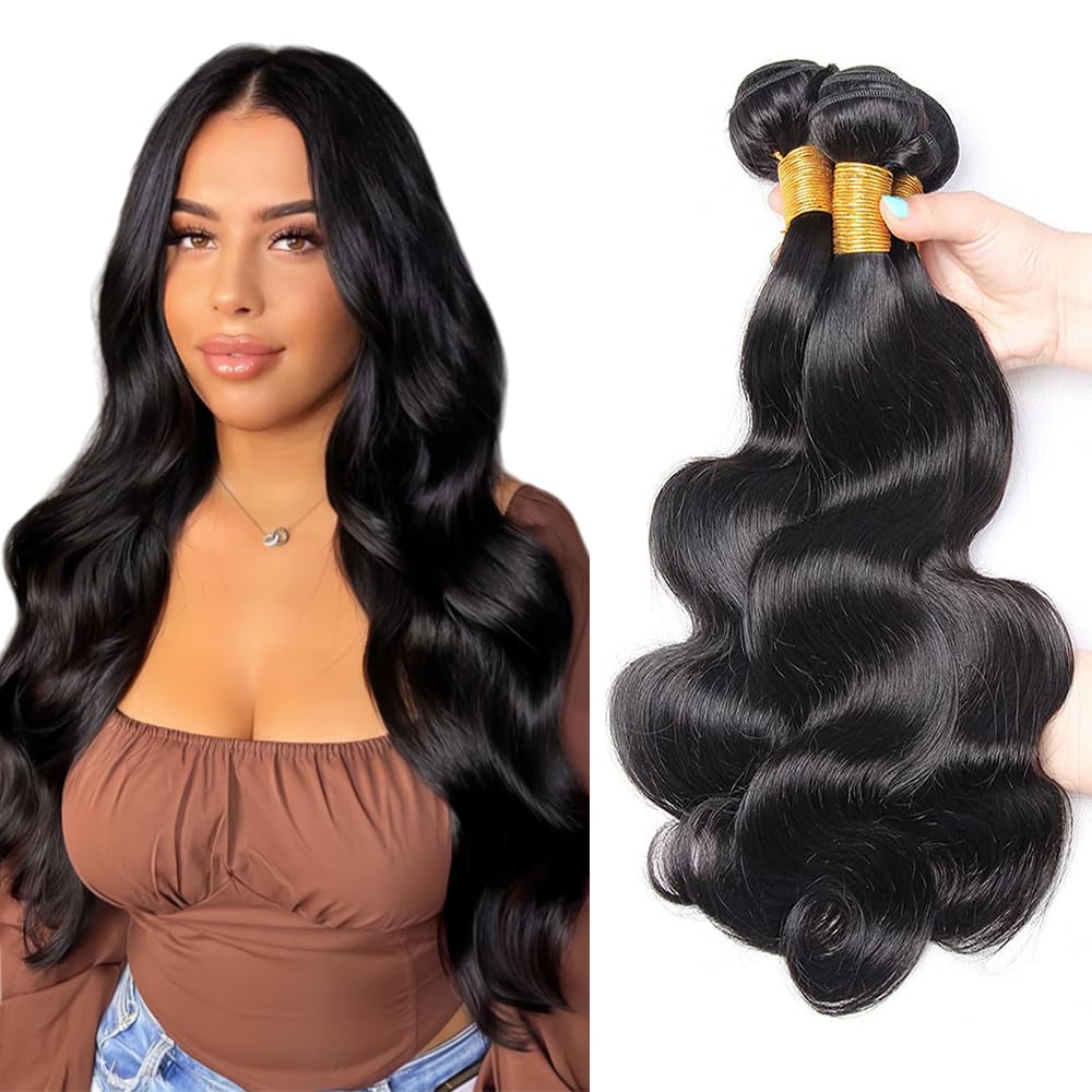 Photo 1 of #1B Body Wave Bundles Color #1B Body Wave Bundles Human Hair Natural Black Bundle Unprocessed Double Weft Bundle Hair Extensions 20 22 24 Inch 150g