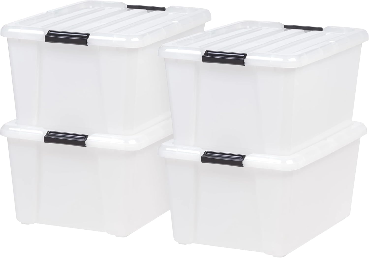 45 Quart Stackable Storage Bins with Lids, 4 Pack Large Clear Plastic Containers with Secure Handles, Heavy Duty Totes for Garage, Pantry, Holiday Decor - Space Saving