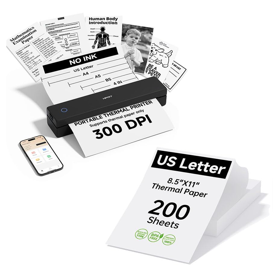 Image of HPRT Inkless Portable Printer Wireless for Travel,Thermal Printer MT620 Pro,300 DPI,Black Thermal Printer Paper 8.5 x 11 Inch US Letter,200 Sheets
