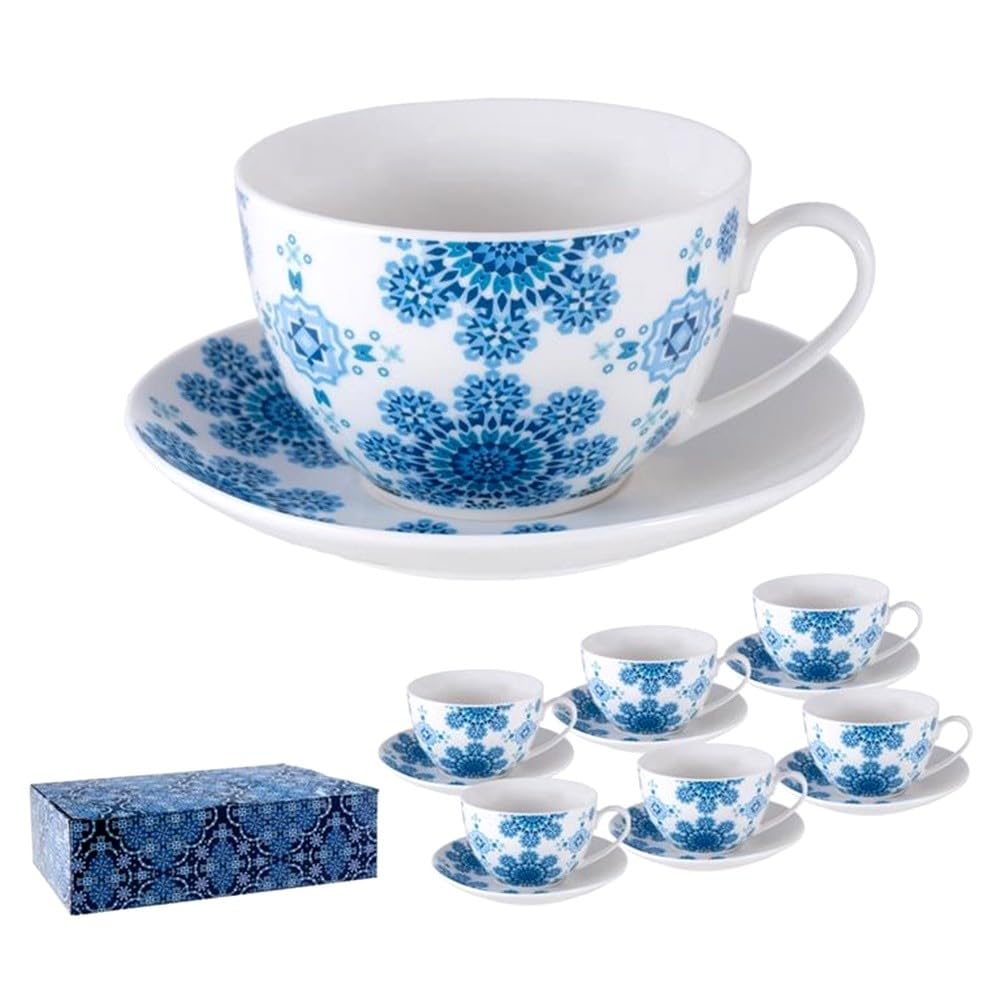6 Tazas Café 250 ml. con plato detalles árabes blancas 8 cm. alto diámetro plato 14 cm.