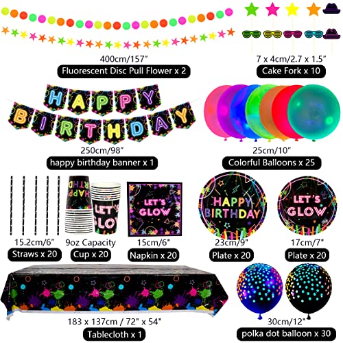 Ywediim Glow Neon Deco feestaccessoires - bevat neonballonnen, Glow Party tafelkleden, borden, kopjes, servetten, rietjes, voor 20 gasten voor Neon Glow verjaardagsfeest (set C)