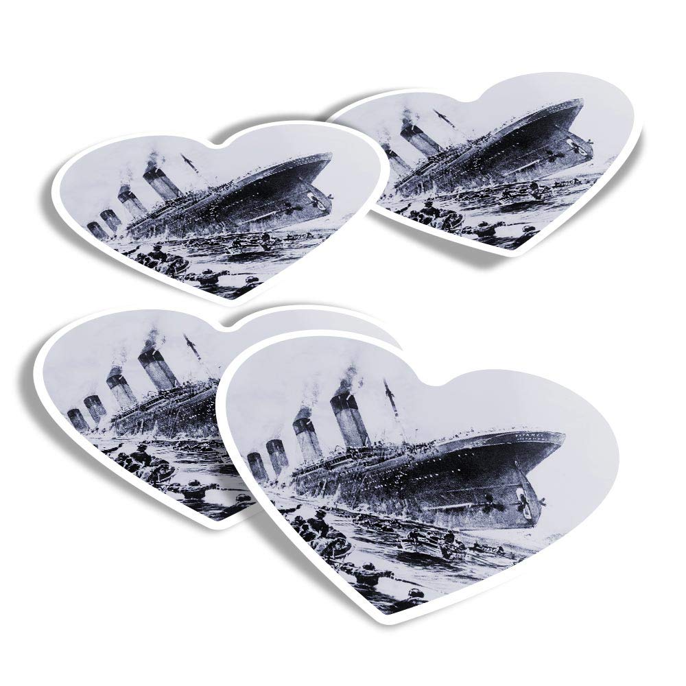 Destination Vinyl Ltd Multi Vinyl Heart Stickers (Set Of 4) - Sinking Titanic Ocean Liner Ship 1912 Fun Decals For Laptops,Tablets,Luggage,Scrap Booking,Fridges #46299