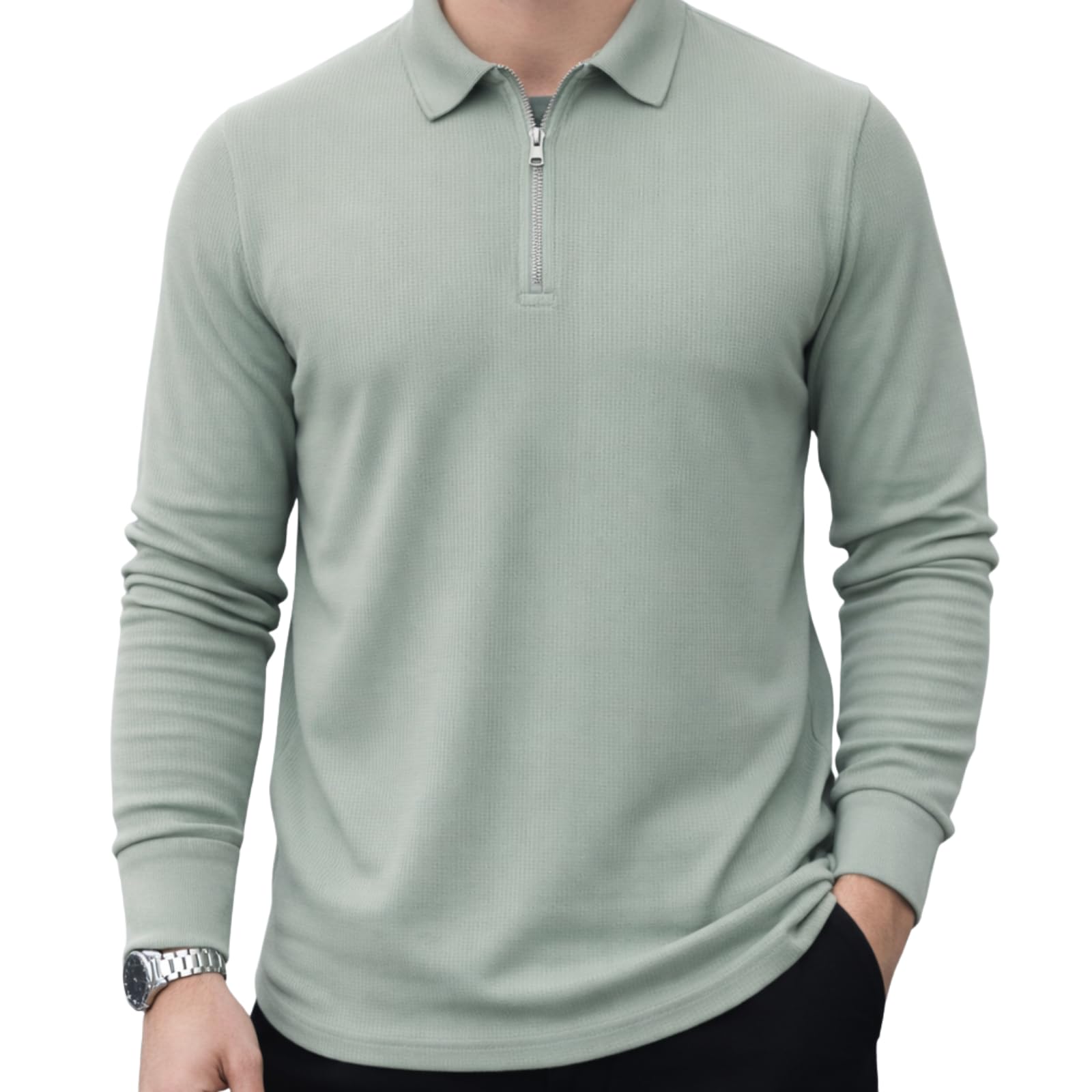 mack jonney Men’s Premium Ribbed Half-Zip Polo T-Shirt | Long Sleeve Soft Stretch Fabric | Stylish Casual & Smart Wear Top-M6783-picture-50