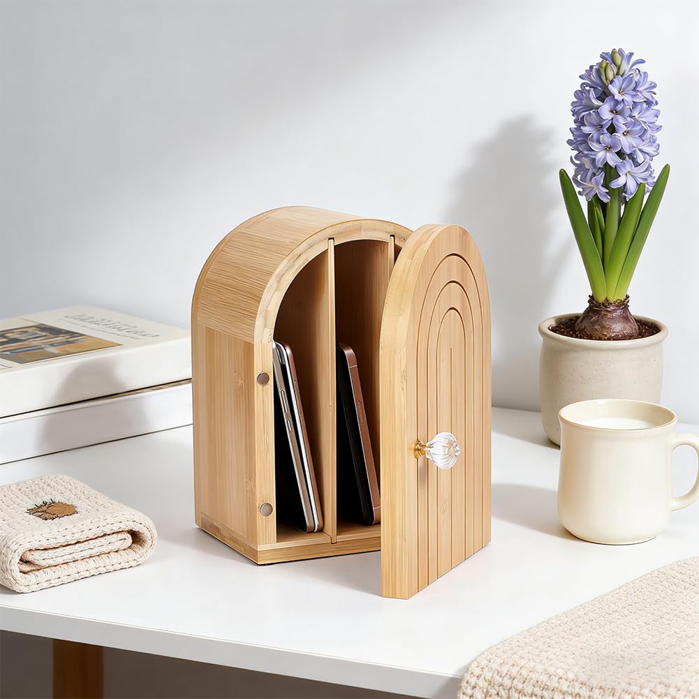 UNICRAFTALE Scatola per cellulare in bambù, 3 pezzi, per 6 telefoni cellulari, stabile supporto in legno robusto con prese di ricarica, ideale per cene di famiglia o ufficio, 7,13 x 6,38 x 10,28