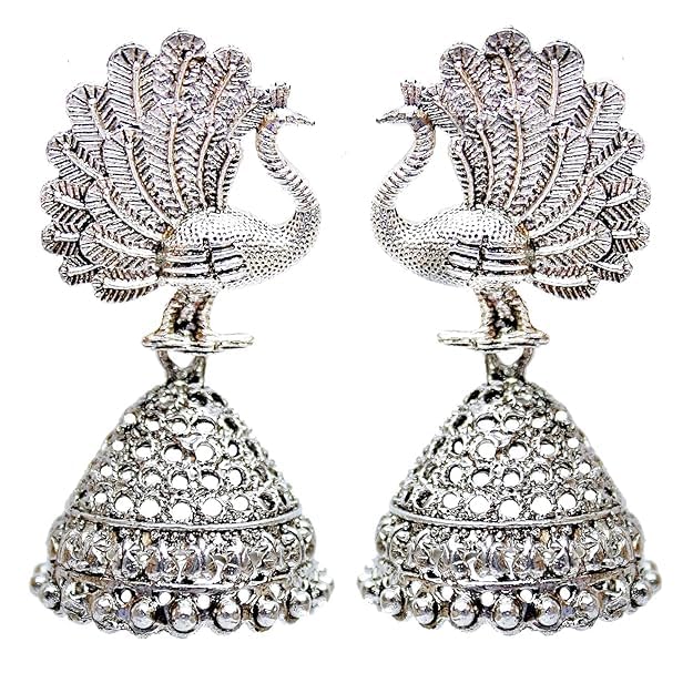 Lucky Jewellery Designer Silver Color Peacock Design Gold Plating Jhumki for Girls & Women (90-WJO-Z882-S)