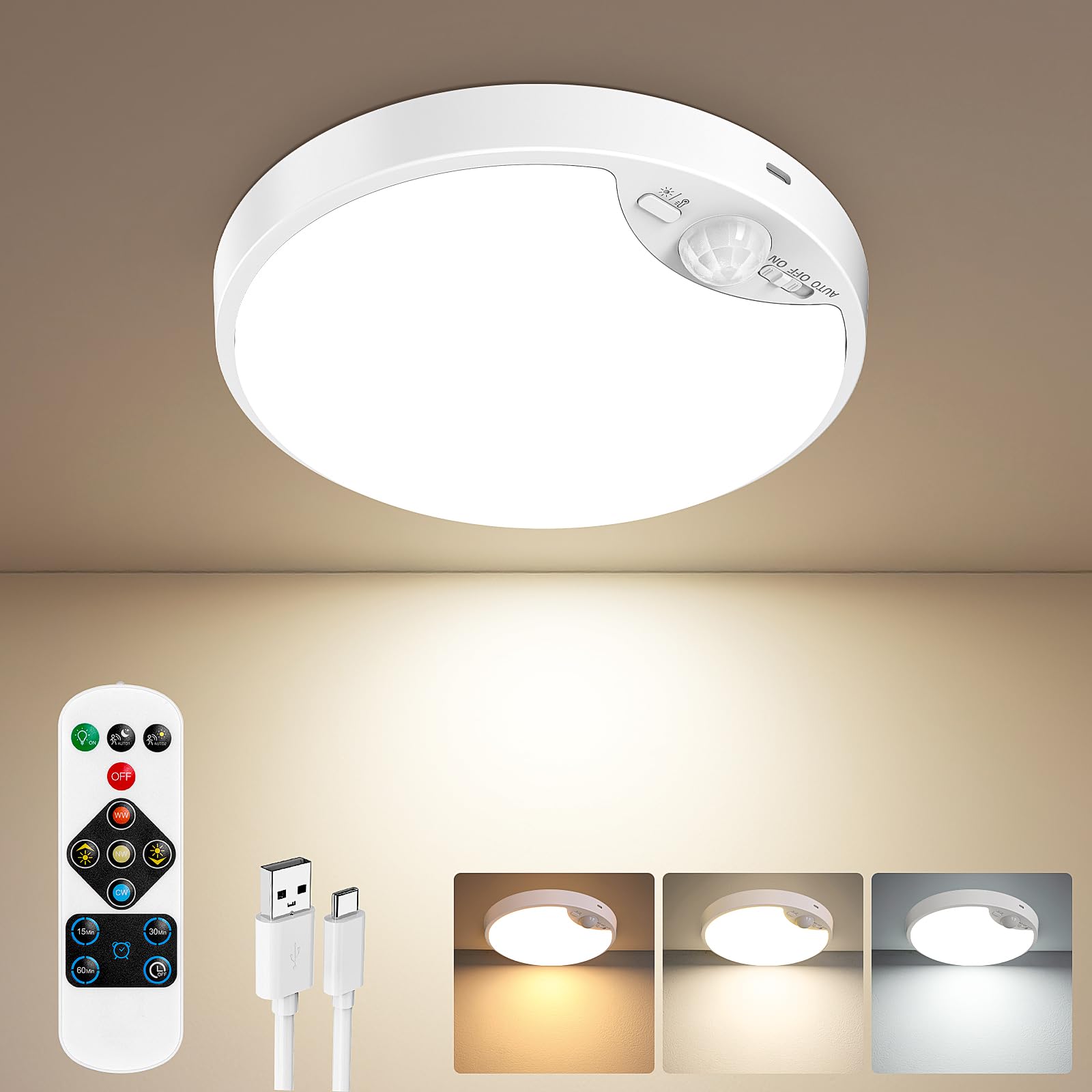 Photo 1 of 10000mAh Rechargeable Motion Sensor Ceiling Light with Remote, Battery Operated Closet Light No Wiring, Magnetic Wireless LED Ceiling Lights,3 Color Indoor Overhead Lamp for Shower Pantry Shed Hallway