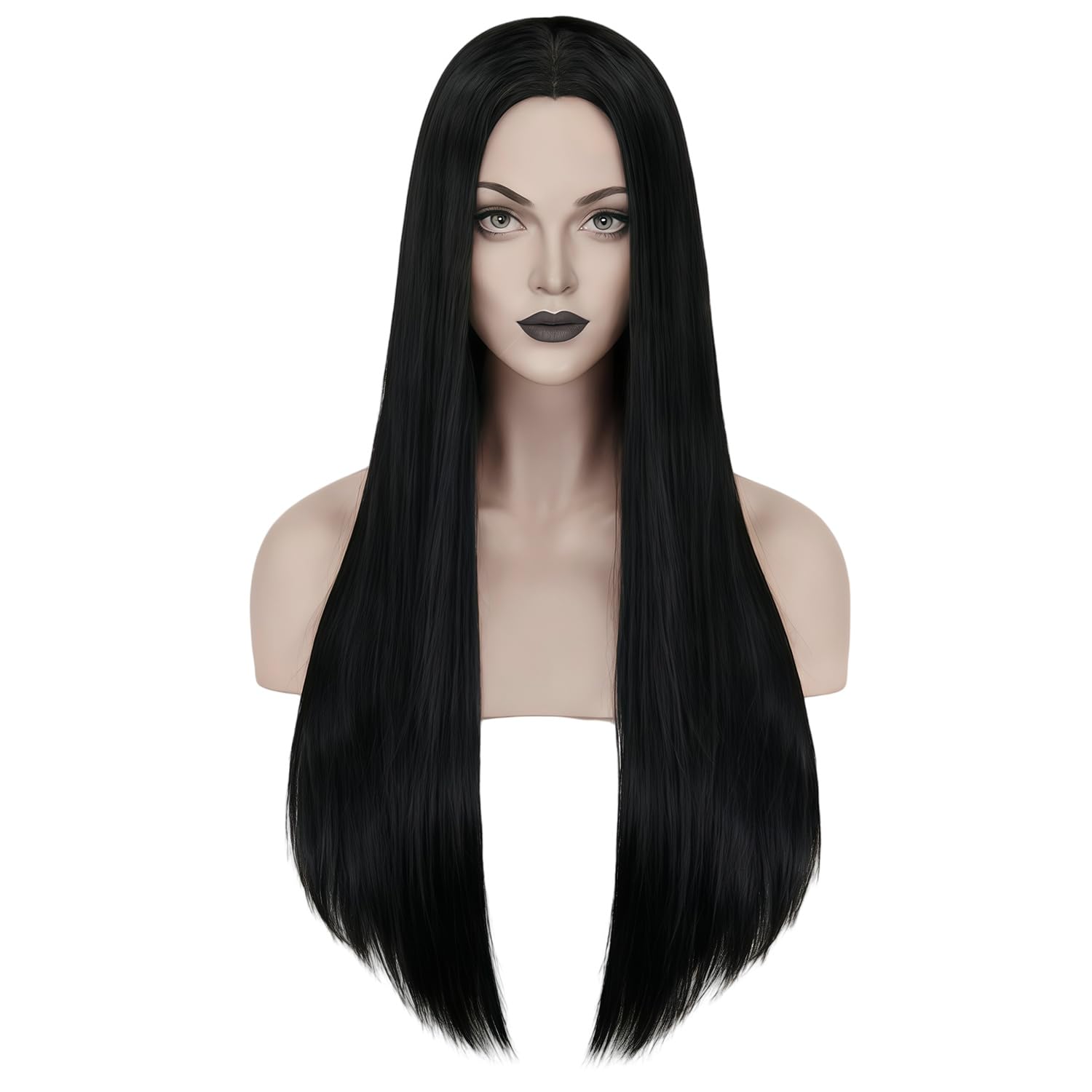 Mersi Black Wigs for Morticia Addams Costume Women 27' Long Straight Black Hair Wig Natural Cute Cheap Synthetic Wigs for Daily Party Cosplay with Wig Net S034BK