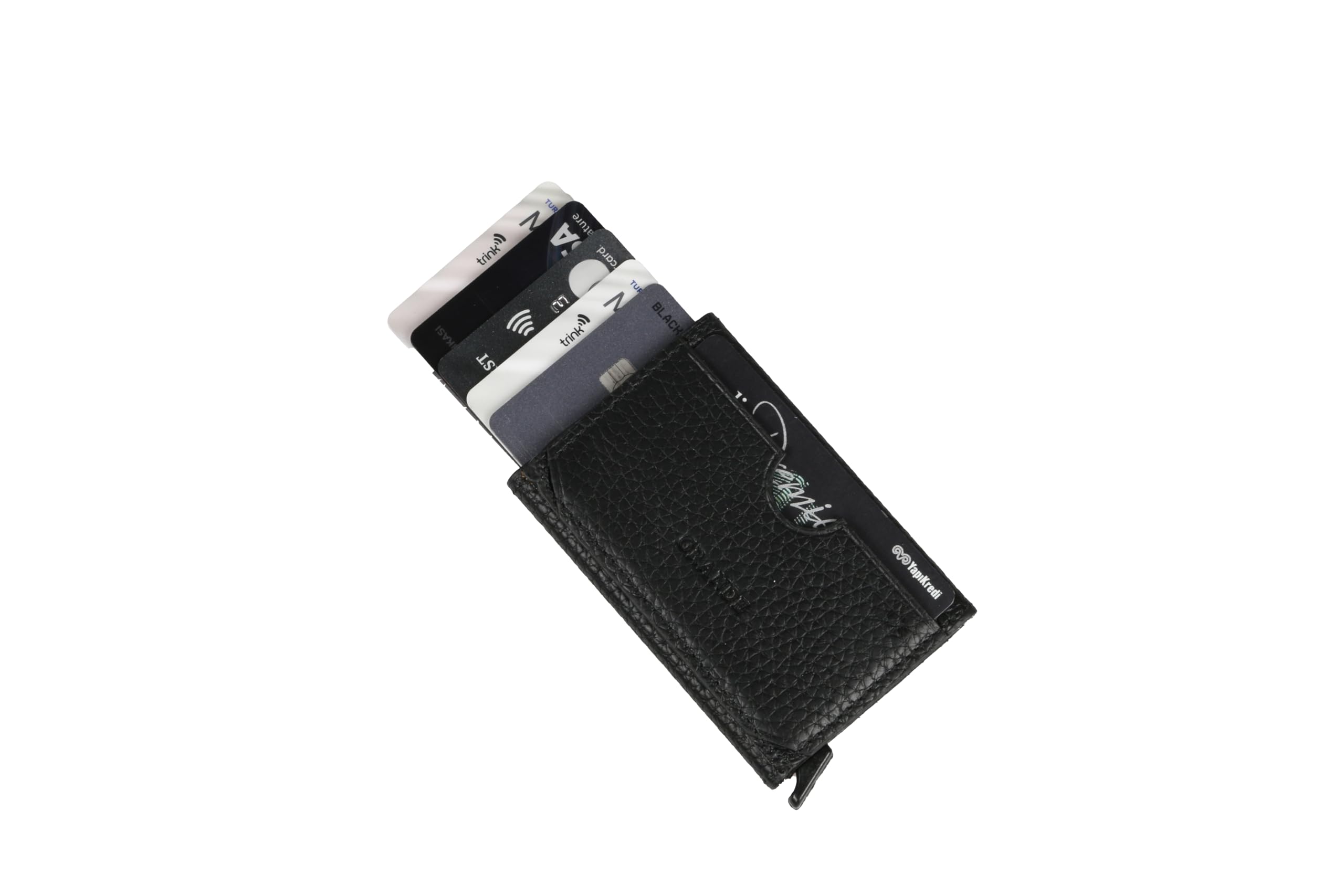 grande 760 Genuine Leather Pop Up RFID Blocking Card Holder Slim Minimalist Metal Card Case Small Wallet for Men and Women - Black