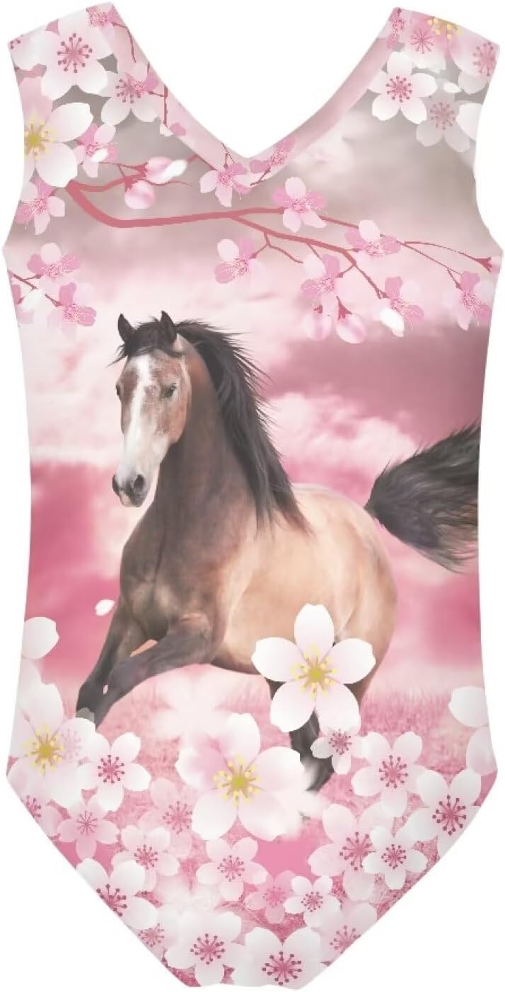 TOADDITDO Cherry Blossom Horse Gymnastics Leotards for Toddler Girls One-Piece Dance Ballet Outfits Sleeveless Bodysuits