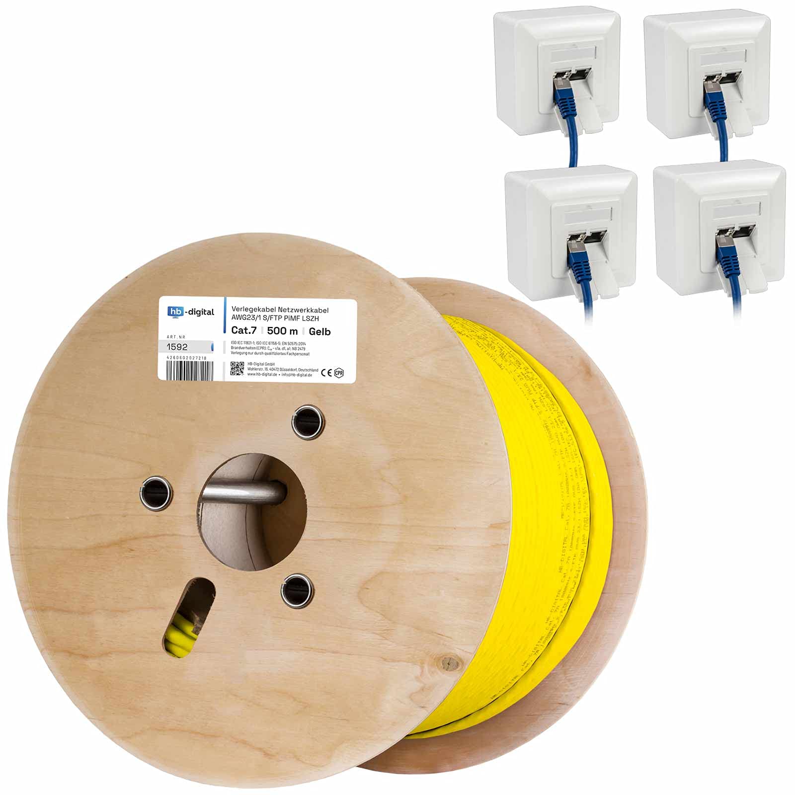 HB-DIGITAL SET Câble réseau LAN CAT.7 de 500 m - Câble de pose AWG 23 - Cuivre pur S/FTP PiMF LSZH - Sans halogène - RoHS - Certifié GHMT - Ethernet PoE 10 Gbit/s 1000 MHz - Jaune + 4 prises réseau