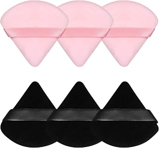Pimoys 6pcs Soft Velour Triangle Powder Puffs - Makeup Sponges for Loose Powder, Valentines Day Gifts for Her (Black, Pink)
