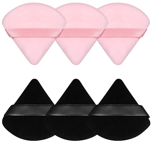 Pimoys 6 esponjas de maquillaje facial, esponja de terciopelo suave triangular, esponja de belleza para polvo suelto (negro, rosa)