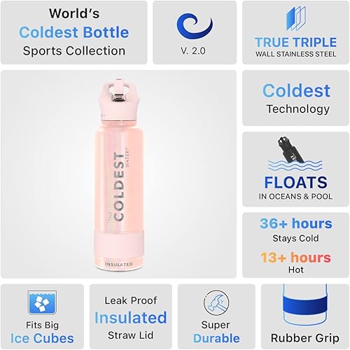Miniatura 154 de Coldest - Botella de agua deportiva con tapa con popote y asa, a prueba de fugas, de acero inoxidable con aislamiento al vacío de doble pared,
